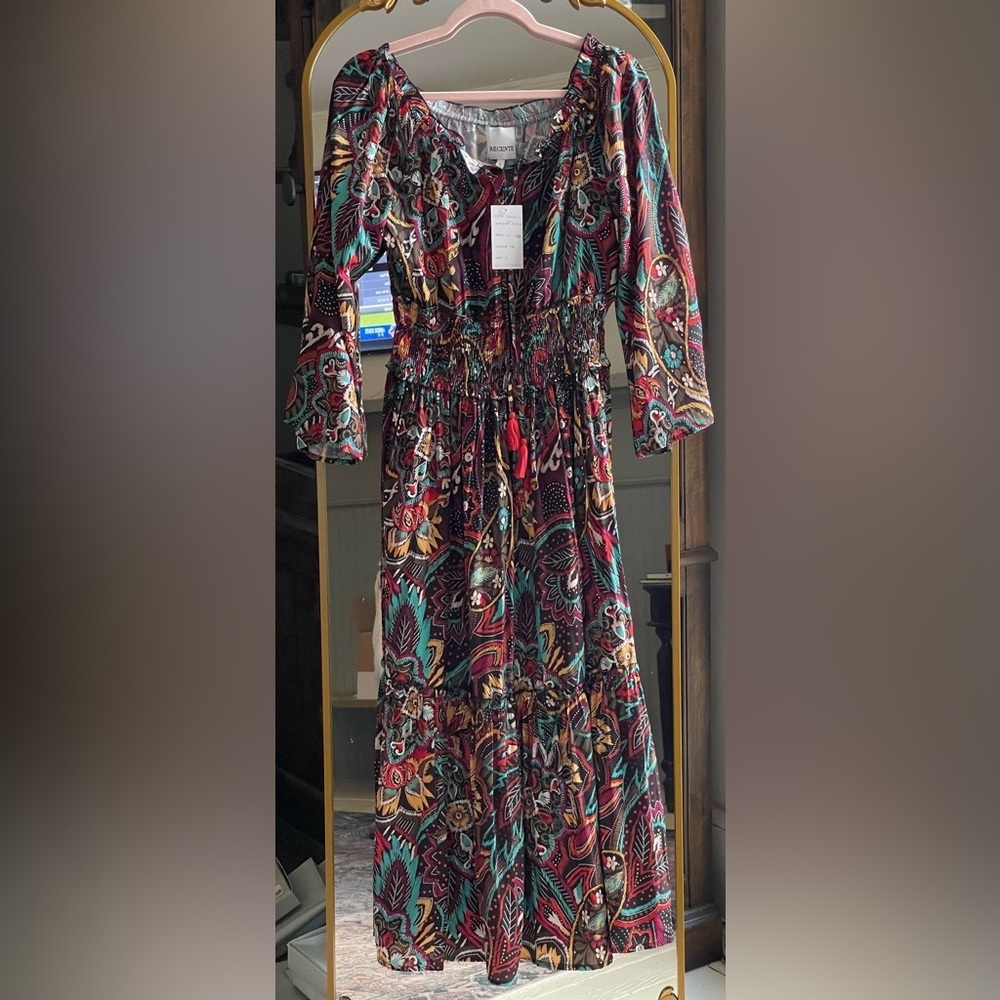 NWT Recente Sample Black and Jewel Tone Print Boho with Tassels Small